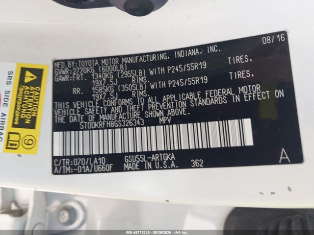 Продаж на аукціоні авто 2016 Toyota Highlander Limited V6, vin: 5TDDKRFH8GS326343, номер лоту: 45175386