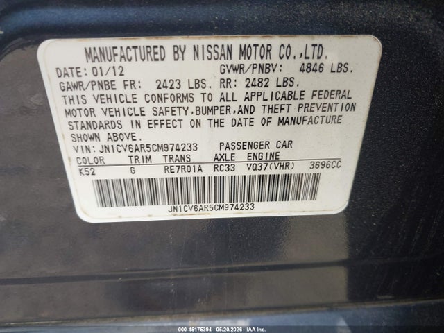 Продажа на аукционе авто 2012 Infiniti G37x, vin: JN1CV6AR5CM974233, номер лота: 45175394
