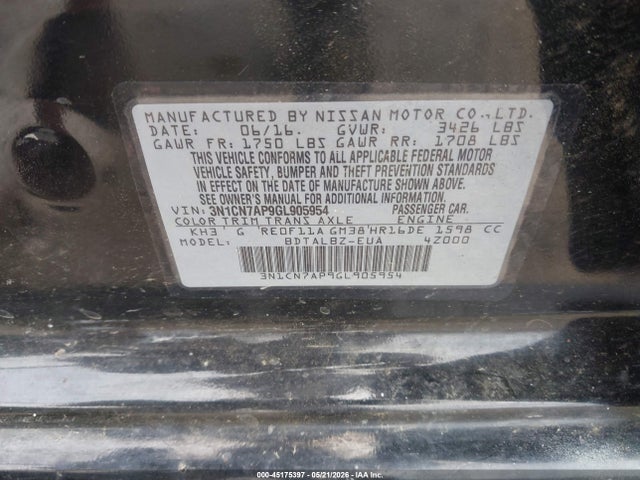 Aukcja sprzedaży 2016 Nissan Versa 1.6 Sv, vin: 3N1CN7AP9GL905954, numer aukcji: 45175397