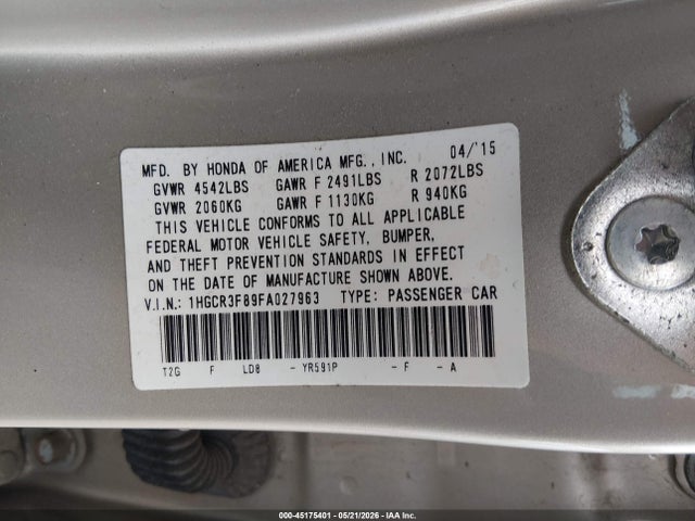 Продажа на аукционе авто 2015 Honda Accord Ex-l V-6, vin: 1HGCR3F89FA027963, номер лота: 45175401