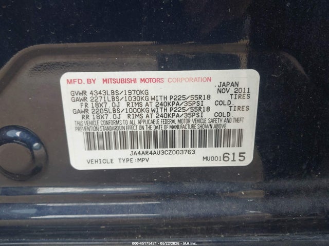 Aukcja sprzedaży 2012 Mitsubishi Outlander Sport Se, vin: JA4AR4AU3CZ003763, numer aukcji: 45175421