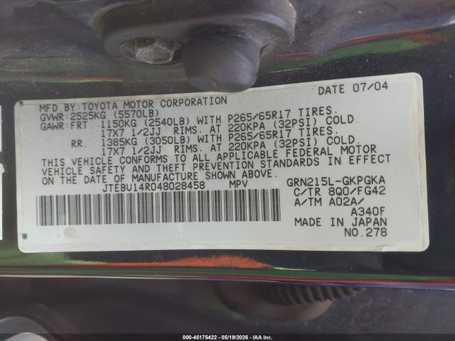 45175422 :رقم المزاد ، JTEBU14R048028458 vin ، 2004 Toyota 4runner Sr5 V6 مزاد بيع