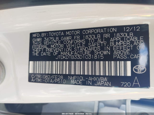 Aukcja sprzedaży 2013 Toyota Prius C One, vin: JTDKDTB33D1031815, numer aukcji: 45175428