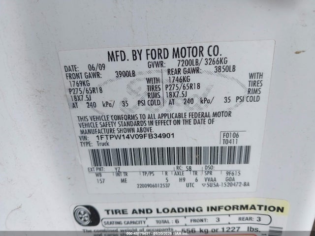 Aukcja sprzedaży 2009 Ford F-150 Fx4/king Ranch/lariat/platinum/xl/xlt, vin: 1FTPW14V09FB34901, numer aukcji: 45175431