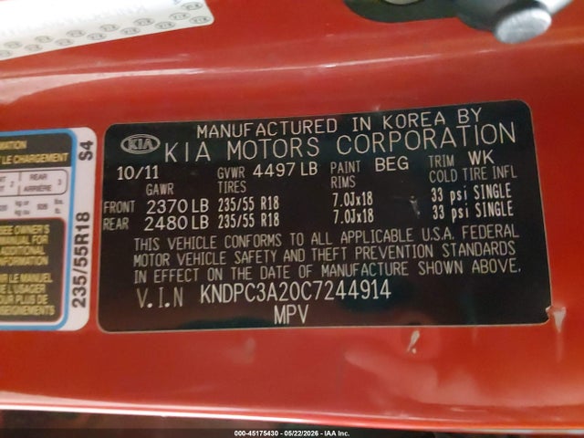 Продажа на аукционе авто 2012 Kia Sportage Ex, vin: KNDPC3A20C7244914, номер лота: 45175430