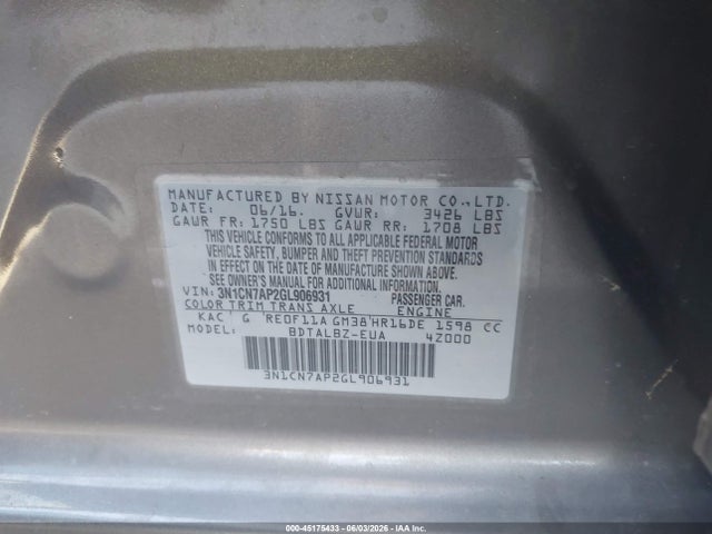 Nissan Versa 1.6 Sv 2016 3N1CN7AP2GL906931 Image 9