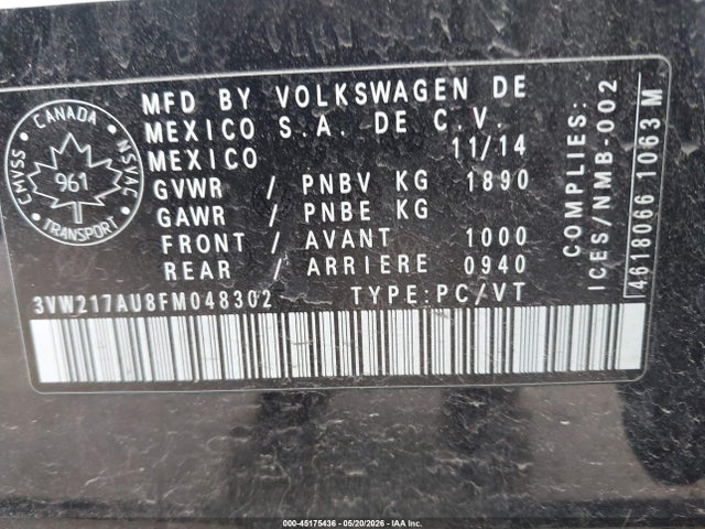 45175436 :رقم المزاد ، 3VW217AU8FM048302 vin ، 2015 Volkswagen Golf Tsi S 4-door/tsi Se 4-door/tsi Sel 4-door مزاد بيع