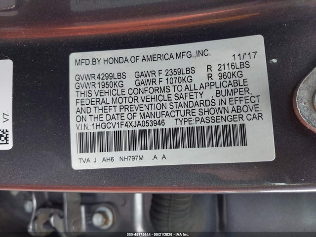 Aukcja sprzedaży 2018 Honda Accord Ex, vin: 1HGCV1F4XJA053946, numer aukcji: 45175444