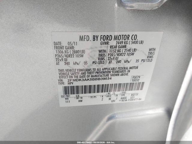Aukcja sprzedaży 2011 Ford Edge Sport, vin: 2FMDK3AK5BBB39034, numer aukcji: 45175453