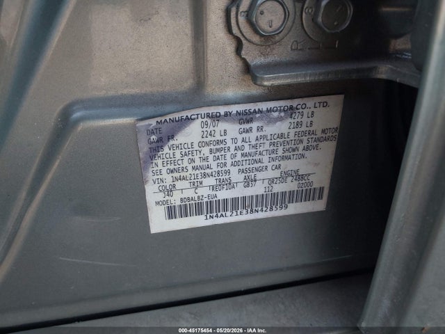 Aukcja sprzedaży 2008 Nissan Altima 2.5 S, vin: 1N4AL21E38N428599, numer aukcji: 45175454