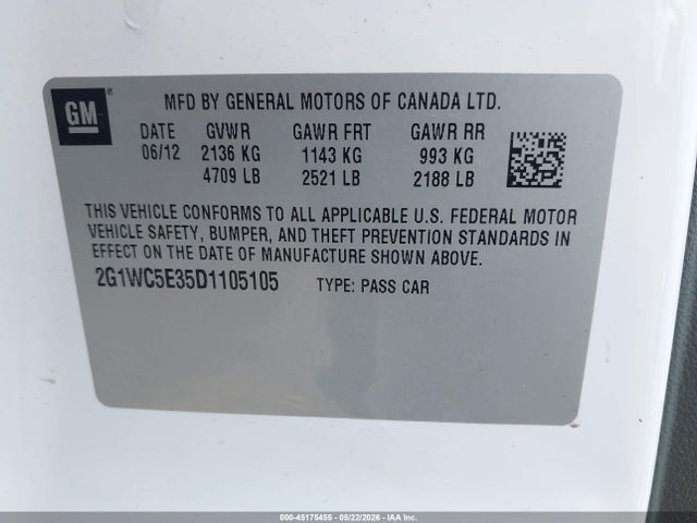 45175455 :رقم المزاد ، 2G1WC5E35D1105105 vin ، 2013 Chevrolet Impala Ltz مزاد بيع