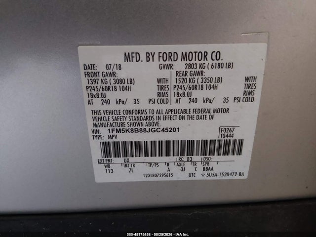1FM5K8B88JGC45201 Ford Explorer