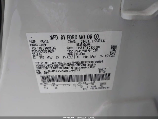Продаж на аукціоні авто 2013 Ford Edge Sel, vin: 2FMDK3JC4DBC44711, номер лоту: 45175467