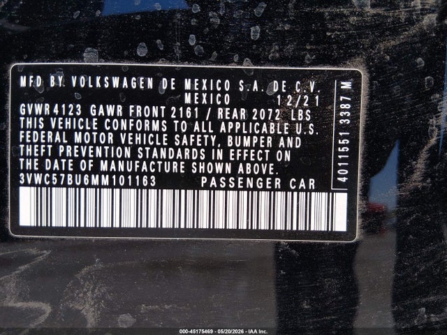 45175469 :رقم المزاد ، 3VWC57BU6MM101163 vin ، 2021 Volkswagen Jetta مزاد بيع