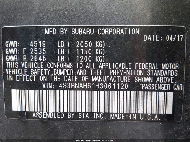 Aukcja sprzedaży 2017 Subaru Legacy 2.5i Premium, vin: 4S3BNAH61H3061120, numer aukcji: 45175476