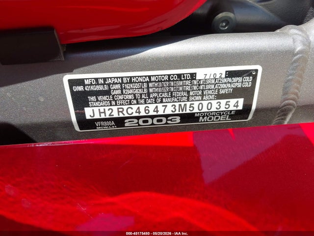 2003 Honda Vfr800 A მანქანა იყიდება აუქციონზე, vin: JH2RC46473M500354, აუქციონის ნომერი: 45175480