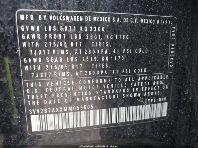 Aukcja sprzedaży 2021 Volkswagen Tiguan 2.0t Se/2.0t Se R-line Black/2.0t Sel, vin: 3VV2B7AXXMM059505, numer aukcji: 45175481