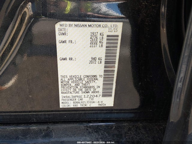 Aukcja sprzedaży 2016 Nissan Altima 2.5 Sl, vin: 1N4AL3APXGC122047, numer aukcji: 45175482