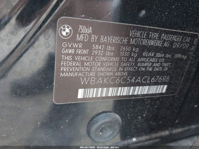 Продаж на аукціоні авто 2010 Bmw 750i Xdrive, vin: WBAKC6C54ACL67698, номер лоту: 45175506