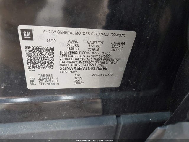 Aukcja sprzedaży 2020 Chevrolet Equinox Awd 1fl, vin: 2GNAX5EV1L6136898, numer aukcji: 45175514