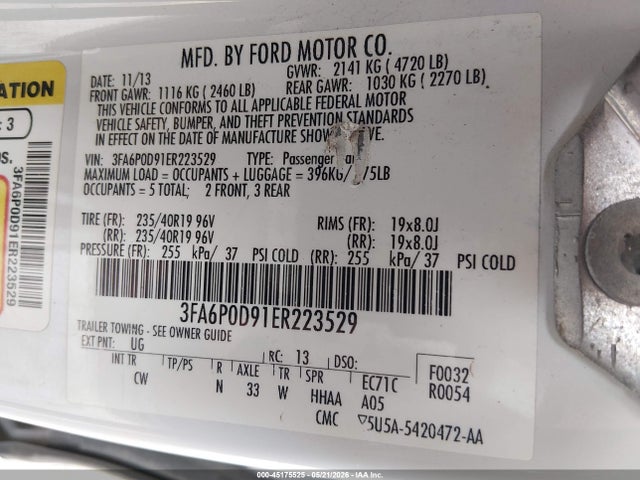 2014 Ford Fusion Titanium მანქანა იყიდება აუქციონზე, vin: 3FA6P0D91ER223529, აუქციონის ნომერი: 45175525