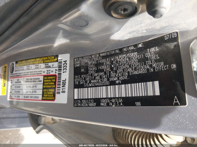 Продаж на аукціоні авто 2010 Toyota Sequoia Limited 5.7l V8, vin: 5TDJW5G14AS025593, номер лоту: 45175529