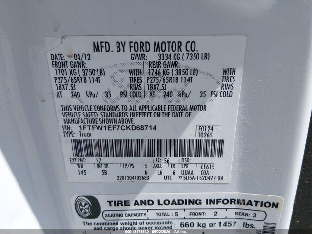 2012 Ford F-150 Fx4 მანქანა იყიდება აუქციონზე, vin: 1FTFW1EF7CKD68714, აუქციონის ნომერი: 45175530