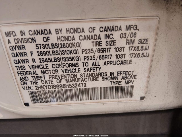 Продаж на аукціоні авто 2006 Acura Mdx, vin: 2HNYD18686H532472, номер лоту: 45175532