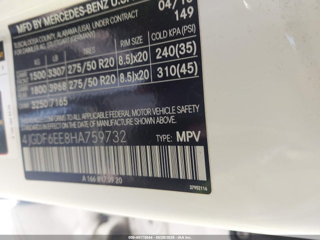 45175544 :رقم المزاد ، 4JGDF6EE8HA759732 vin ، 2017 Mercedes-benz Gls 450 4matic مزاد بيع