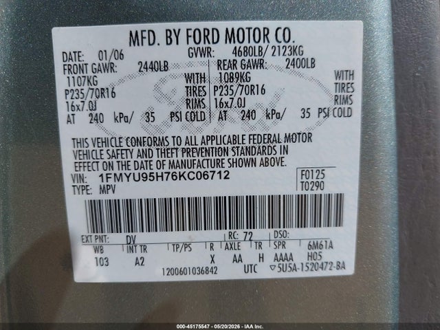 45175547 :رقم المزاد ، 1FMYU95H76KC06712 vin ، 2006 Ford Escape Hybrid مزاد بيع
