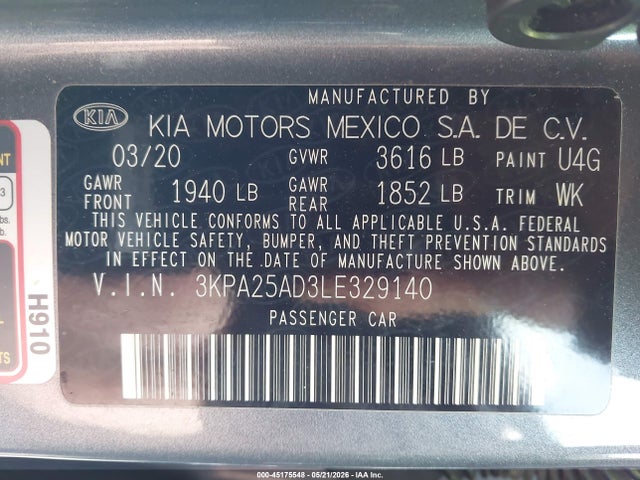 2020 Kia Rio 5-door S მანქანა იყიდება აუქციონზე, vin: 3KPA25AD3LE329140, აუქციონის ნომერი: 45175548