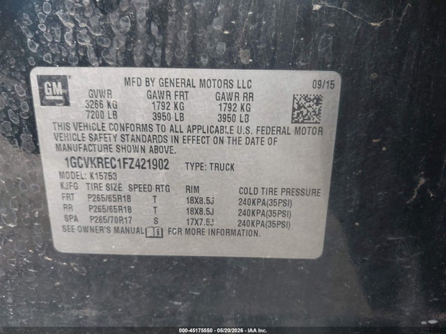 Aukcja sprzedaży 2015 Chevrolet Silverado 1500 2lt, vin: 1GCVKREC1FZ421902, numer aukcji: 45175550