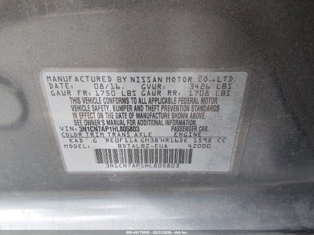 Продажа на аукционе авто 2017 Nissan Versa 1.6 S/1.6 S+/1.6 Sl/1.6 Sv, vin: 3N1CN7AP1HL805803, номер лота: 45175558