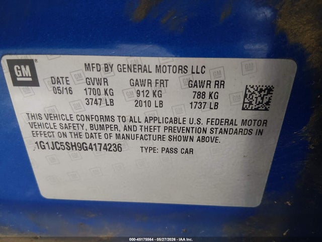 Продажа на аукционе авто 2016 Chevrolet Sonic Lt Auto, vin: 1G1JC5SH9G4174236, номер лота: 45175564