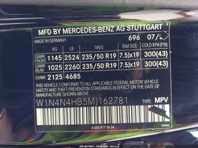 W1N4N4HB5MJ162781 Mercedes-Benz Gla 250 4matic