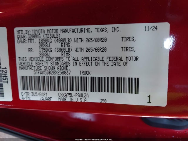 2025 Toyota Tundra Limited მანქანა იყიდება აუქციონზე, vin: 5TFWA5DB2SX258837, აუქციონის ნომერი: 45175575