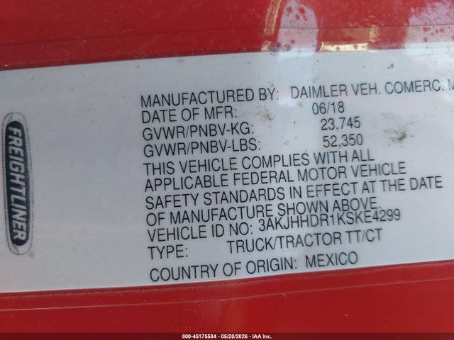 2019 Freightliner New Cascadia 126 მანქანა იყიდება აუქციონზე, vin: 3AKJHHDR1KSKE4299, აუქციონის ნომერი: 45175584