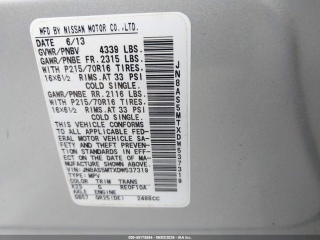 2013 Nissan Rogue S მანქანა იყიდება აუქციონზე, vin: JN8AS5MTXDW537319, აუქციონის ნომერი: 45175594