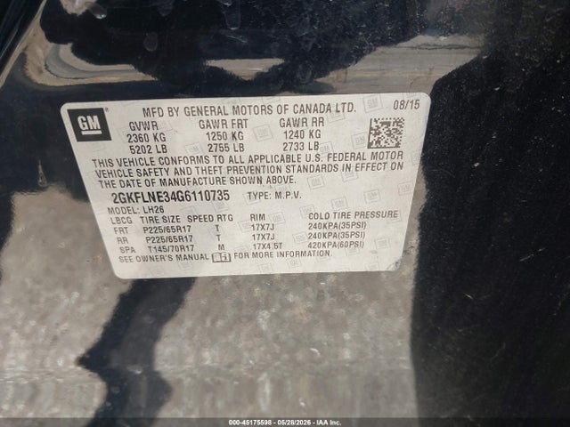 Aukcja sprzedaży 2016 Gmc Terrain Sle-2, vin: 2GKFLNE34G6110735, numer aukcji: 45175598