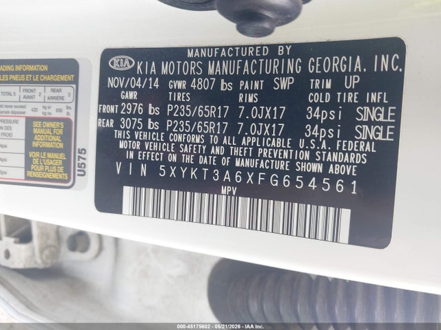 Aukcja sprzedaży 2015 Kia Sorento Lx, vin: 5XYKT3A6XFG654561, numer aukcji: 45175602