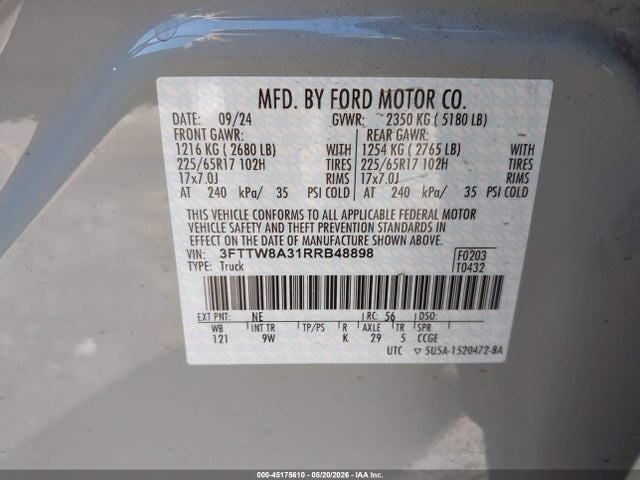 Aukcja sprzedaży 2024 Ford Maverick Xl, vin: 3FTTW8A31RRB48898, numer aukcji: 45175610