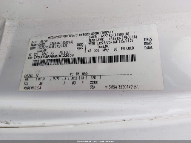 45175624 :رقم المزاد ، 1FDXE4FN8MDC22659 vin ، 2021 Ford E-450 Cutaway مزاد بيع