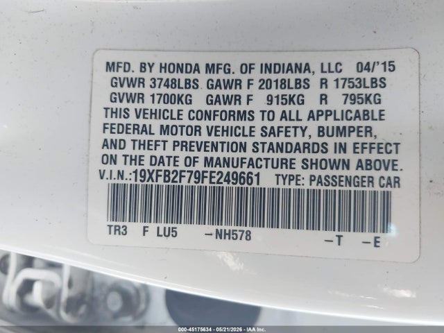 2015 Honda Civic Se მანქანა იყიდება აუქციონზე, vin: 19XFB2F79FE249661, აუქციონის ნომერი: 45175634