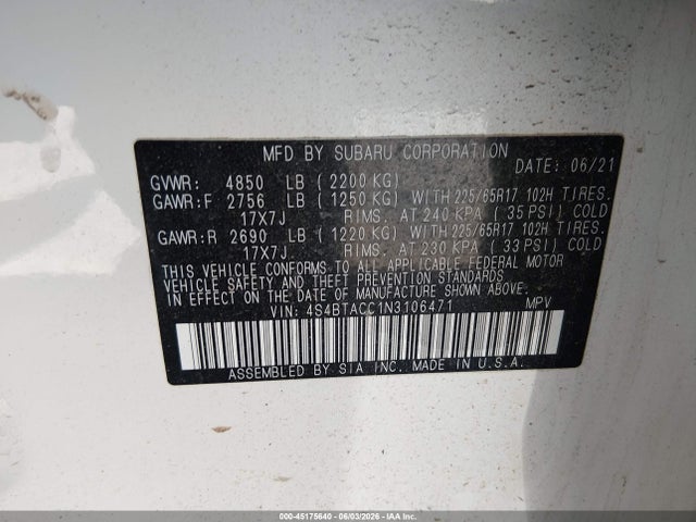 2022 Subaru Outback Premium მანქანა იყიდება აუქციონზე, vin: 4S4BTACC1N3106471, აუქციონის ნომერი: 45175640