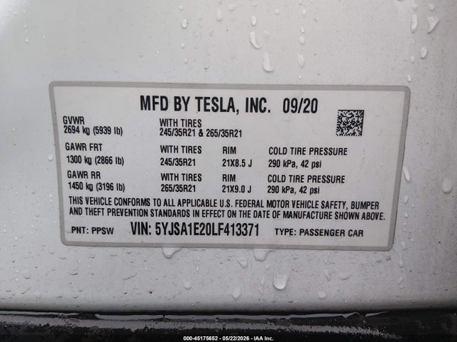 Продажа на аукционе авто 2020 Tesla Model S Long Range Dual Motor All-wheel Drive/long Range Plus Dual Motor All-wheel Drive, vin: 5YJSA1E20LF413371, номер лота: 45175652