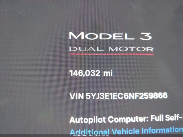 45175653 :رقم المزاد ، 5YJ3E1EC6NF259866 vin ، 2022 Tesla Model 3 Performance Dual Motor All-wheel Drive مزاد بيع