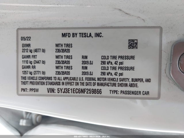 45175653 :رقم المزاد ، 5YJ3E1EC6NF259866 vin ، 2022 Tesla Model 3 Performance Dual Motor All-wheel Drive مزاد بيع