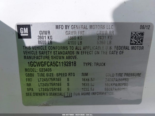 2012 Chevrolet Express 2500 Work Van მანქანა იყიდება აუქციონზე, vin: 1GCWGFCA5C1192818, აუქციონის ნომერი: 45175665