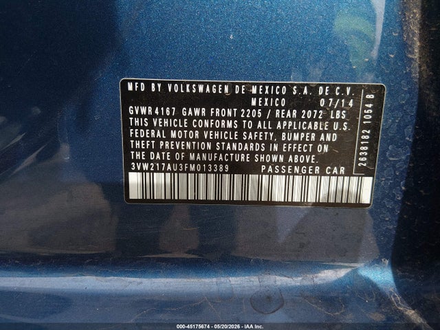 Aukcja sprzedaży 2015 Volkswagen Golf Tsi Sel 4-door, vin: 3VW217AU3FM013389, numer aukcji: 45175674