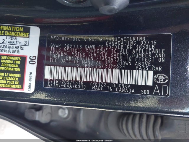 Продаж на аукціоні авто 2015 Toyota Corolla Le, vin: 2T1BURHE5FC375981, номер лоту: 45175678